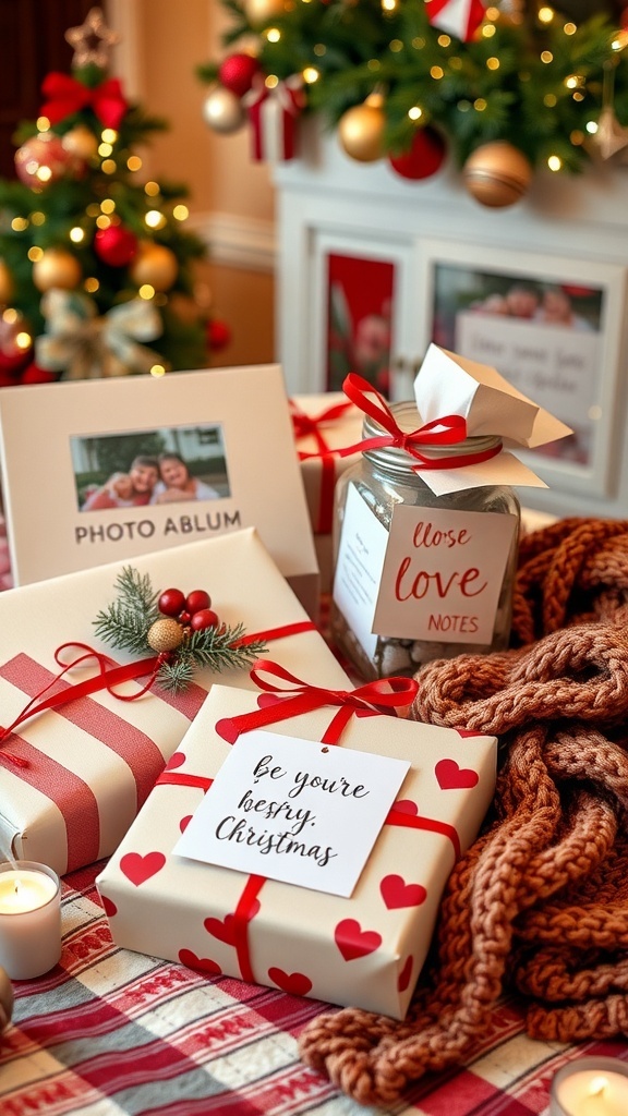 A variety of homemade Christmas gifts including a photo album, love notes jar, and knitted scarf on a festive table.